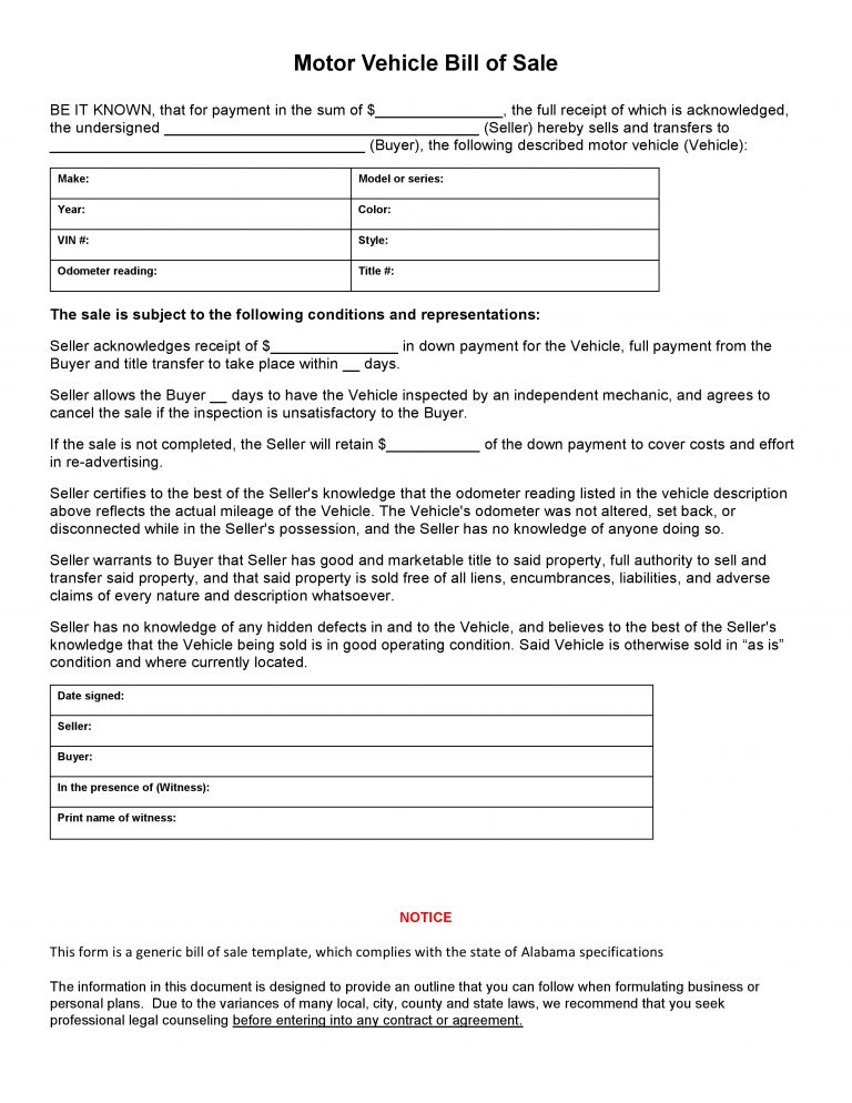 Free Alabama Vehicle Bill Of Sale PDF Word Do it