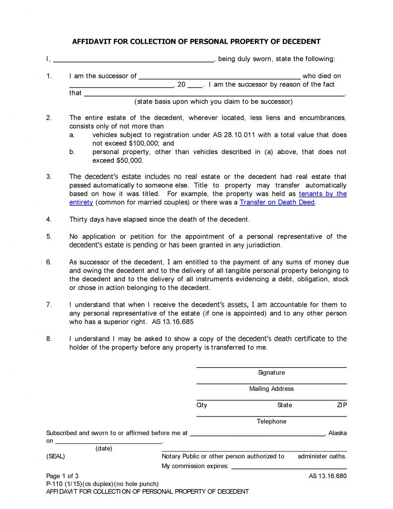 Alaska Affidavit for Collection of Personal Property of Decedent (Form P-110)