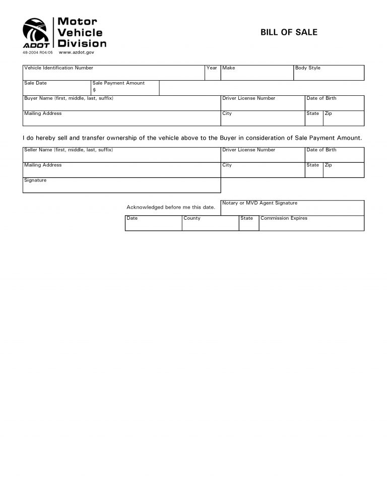 Free Arizona Vehicle Bill of Sale Form PDF Word Do