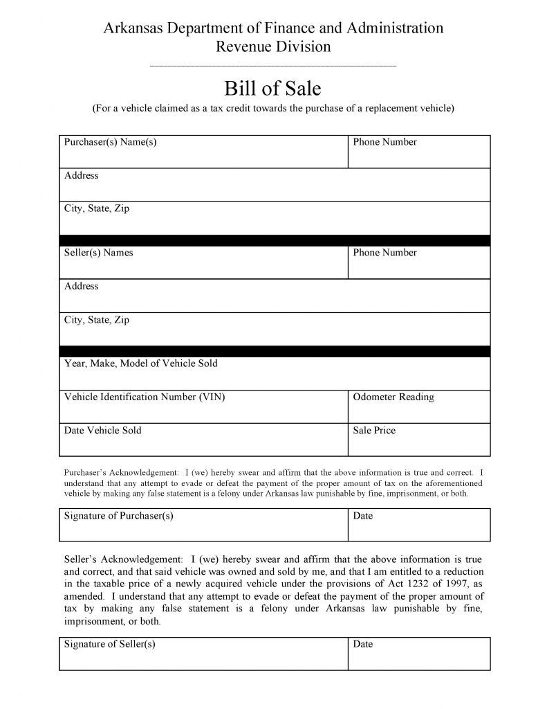 Arkansas Tax Credit Vehicle Bill of Sale
