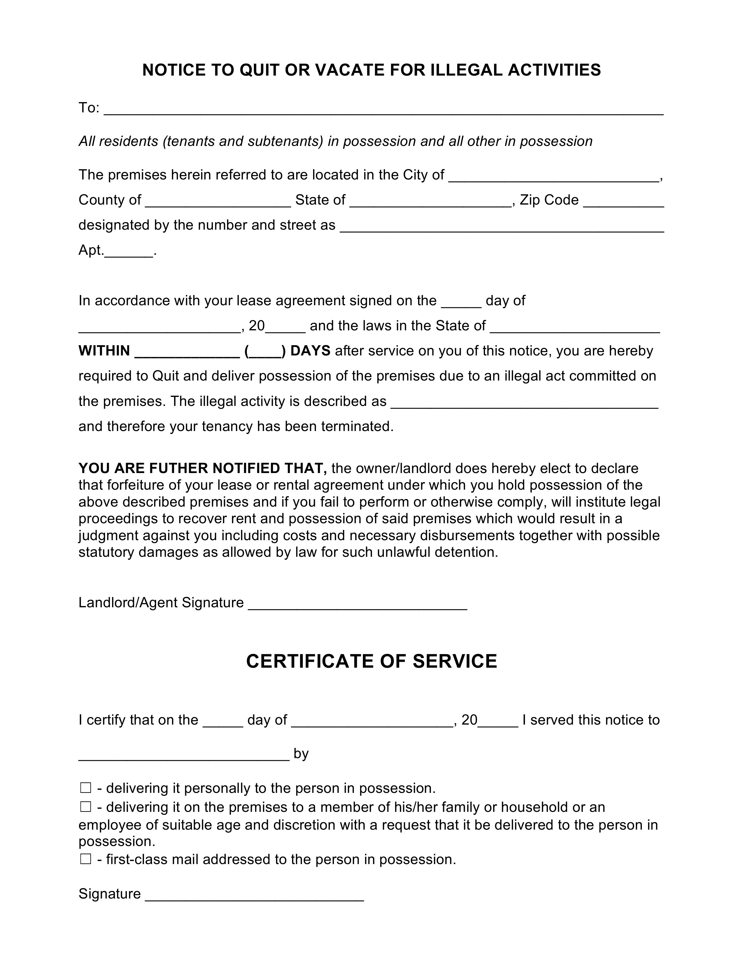 free blank notice to quit form illegal activity pdf