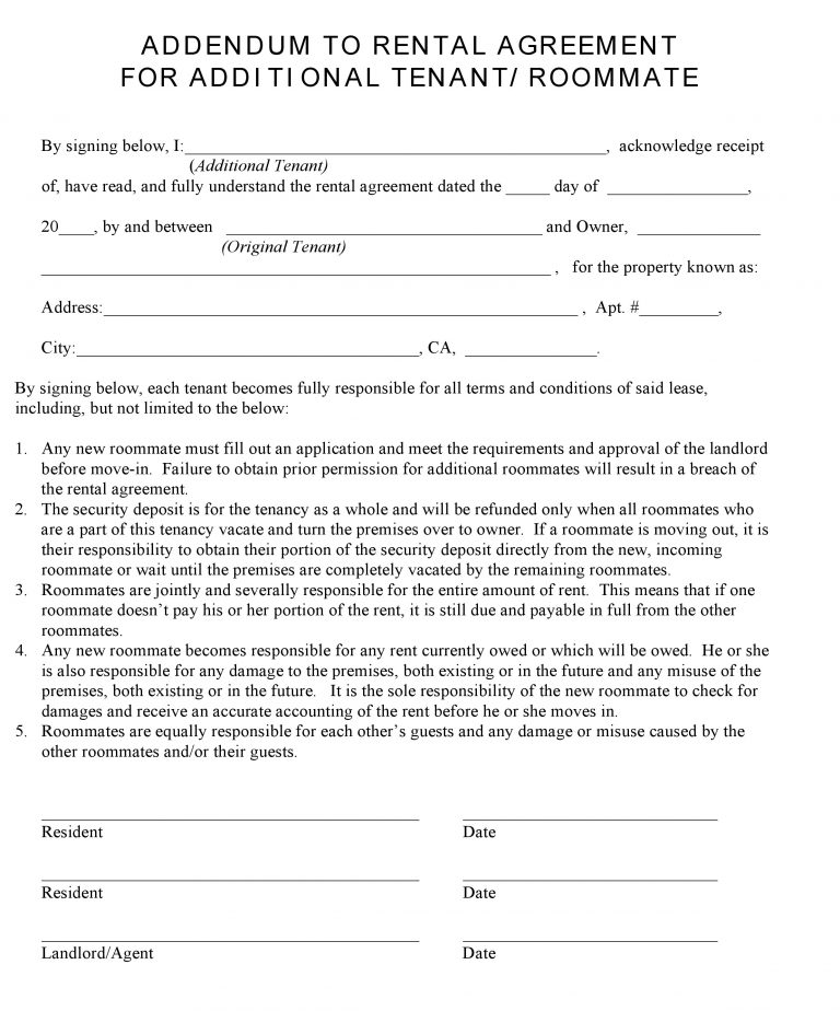 free california additional tenant addendum to rental