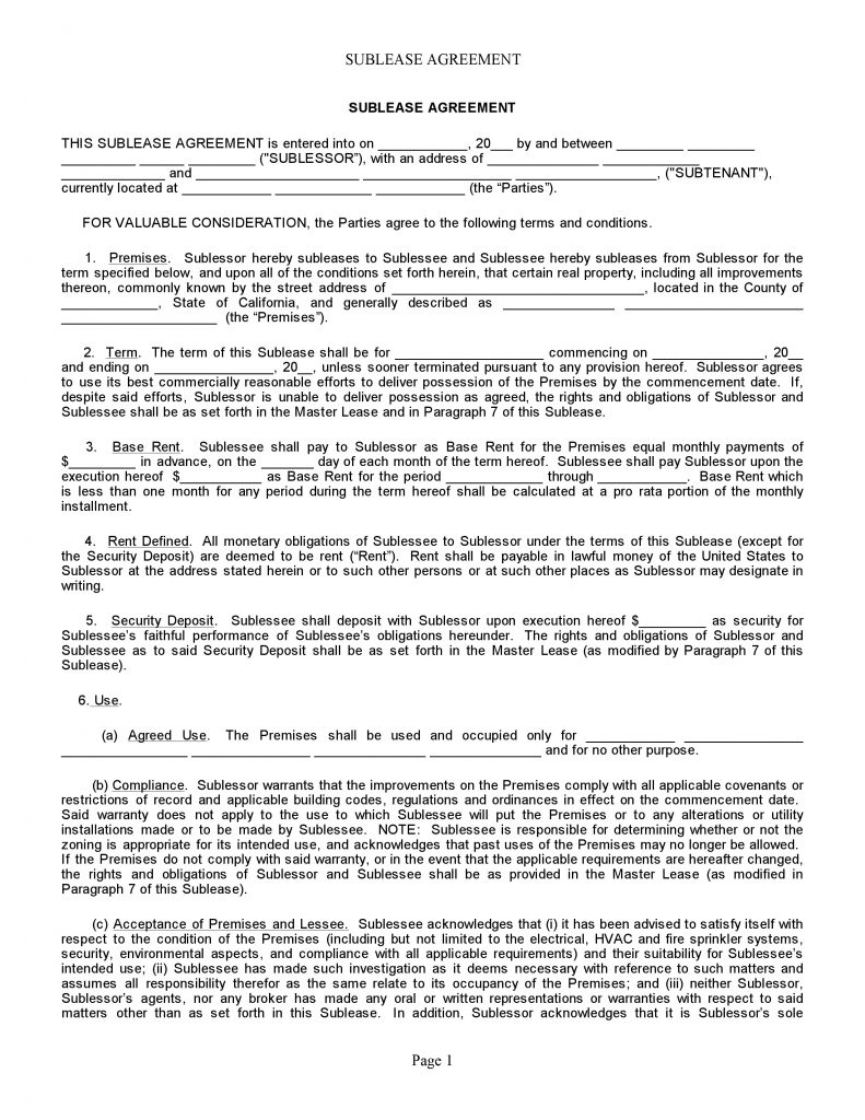 free california sublease agreement pdf word do it yourself forms