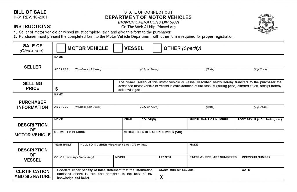 Connecticut Vehicle Bill of Sale Form