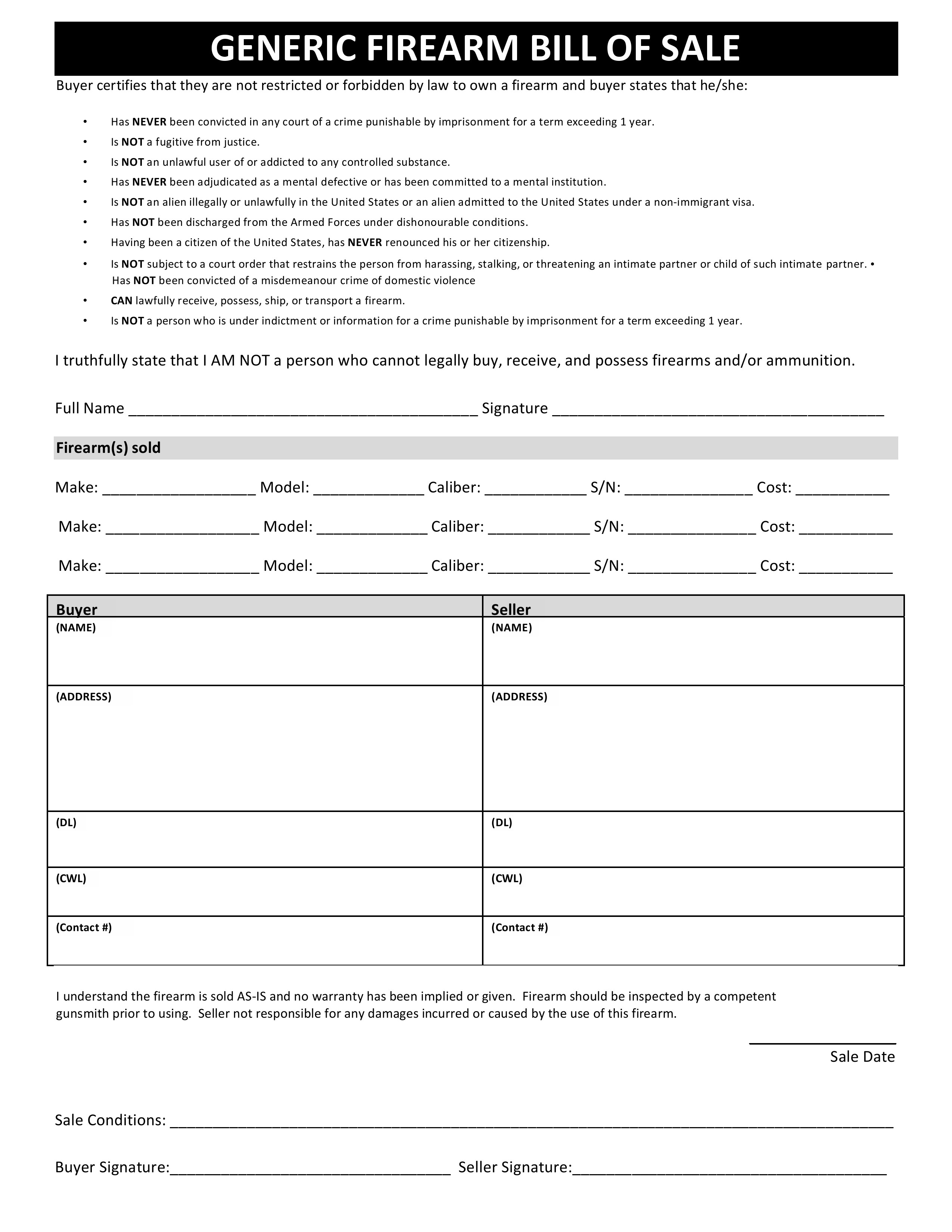 free generic firearm bill of sale form pdf word do