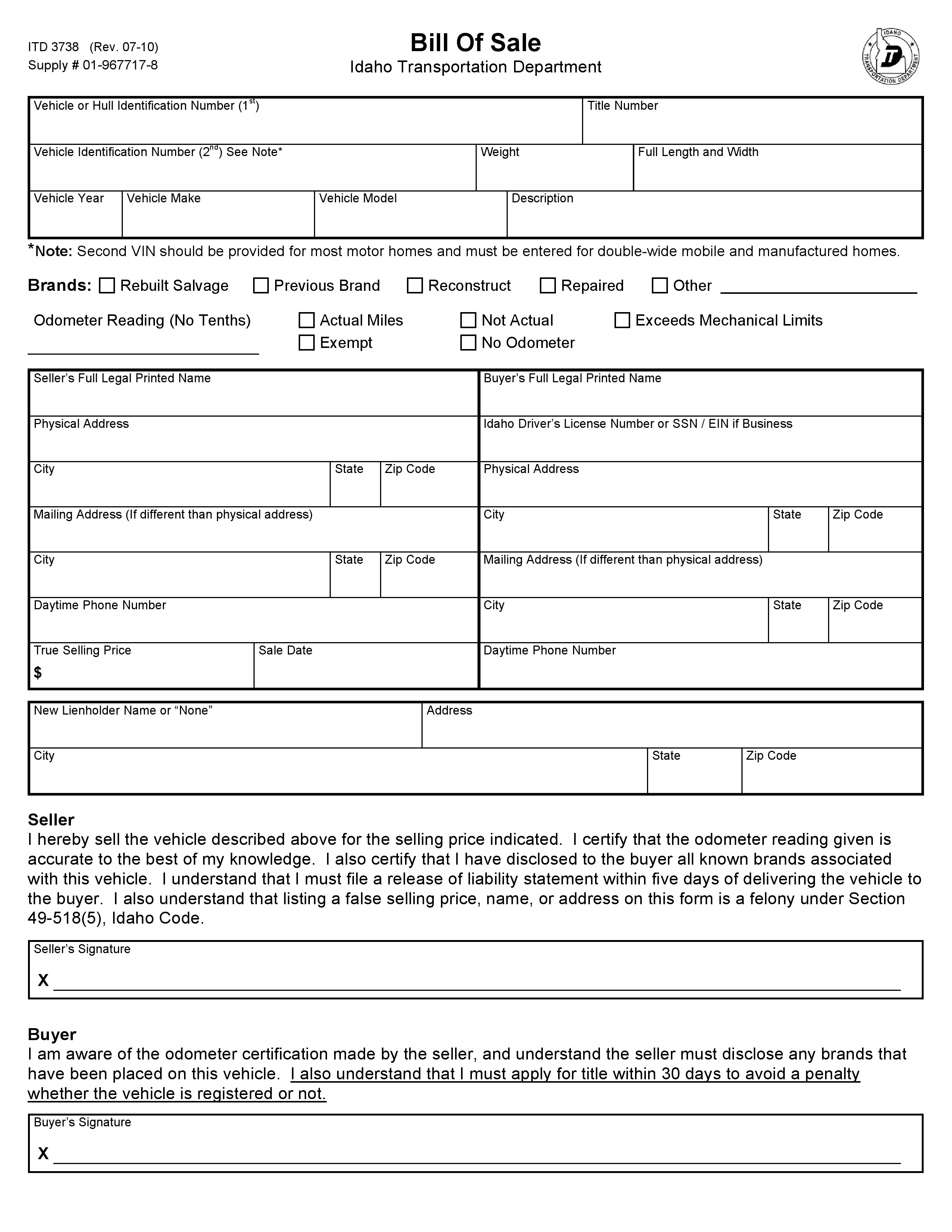 Free Idaho Vehicle Bill Of Sale Form Pdf Word Do It Yourself Forms