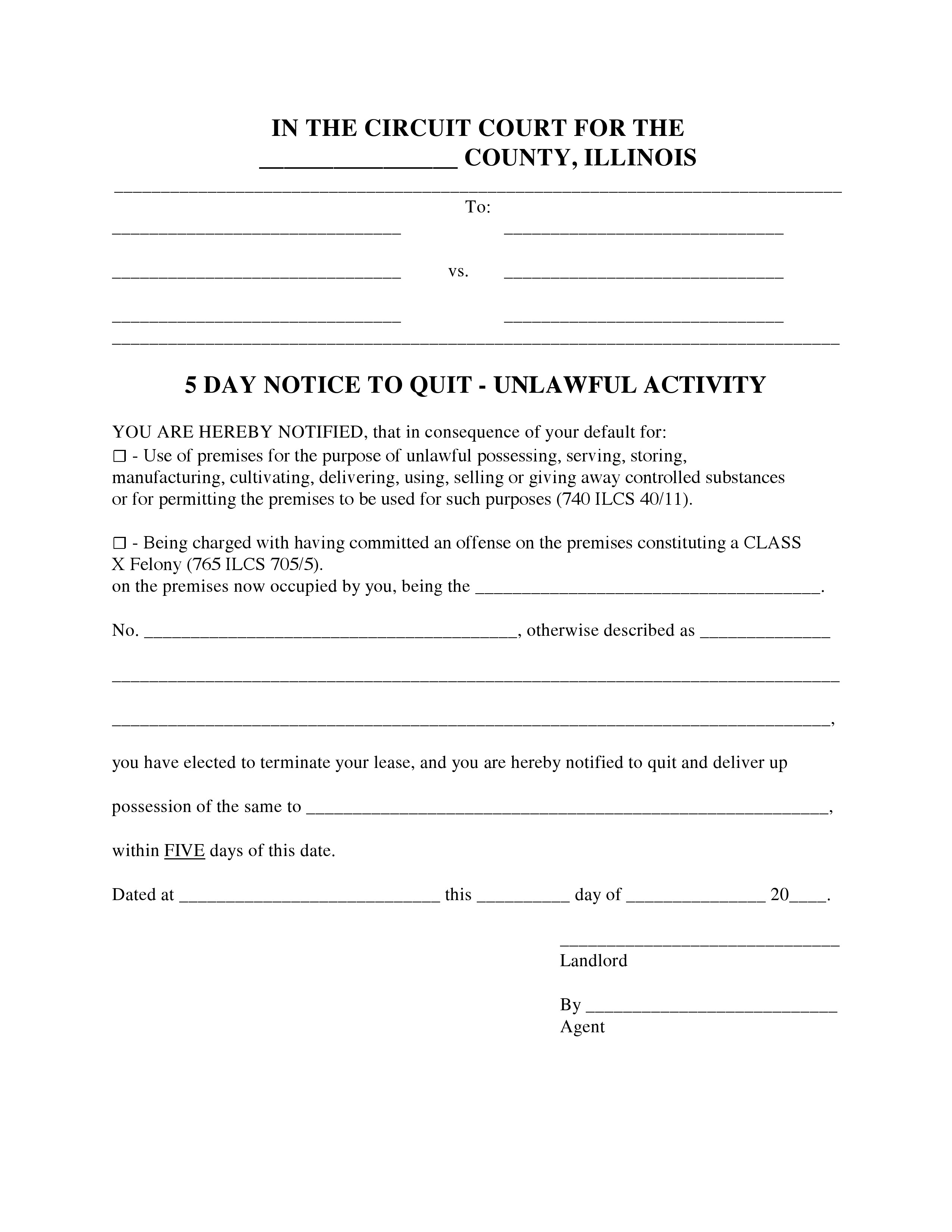 free illinois 5 day notice to quit form unlawful 30 day eviction
