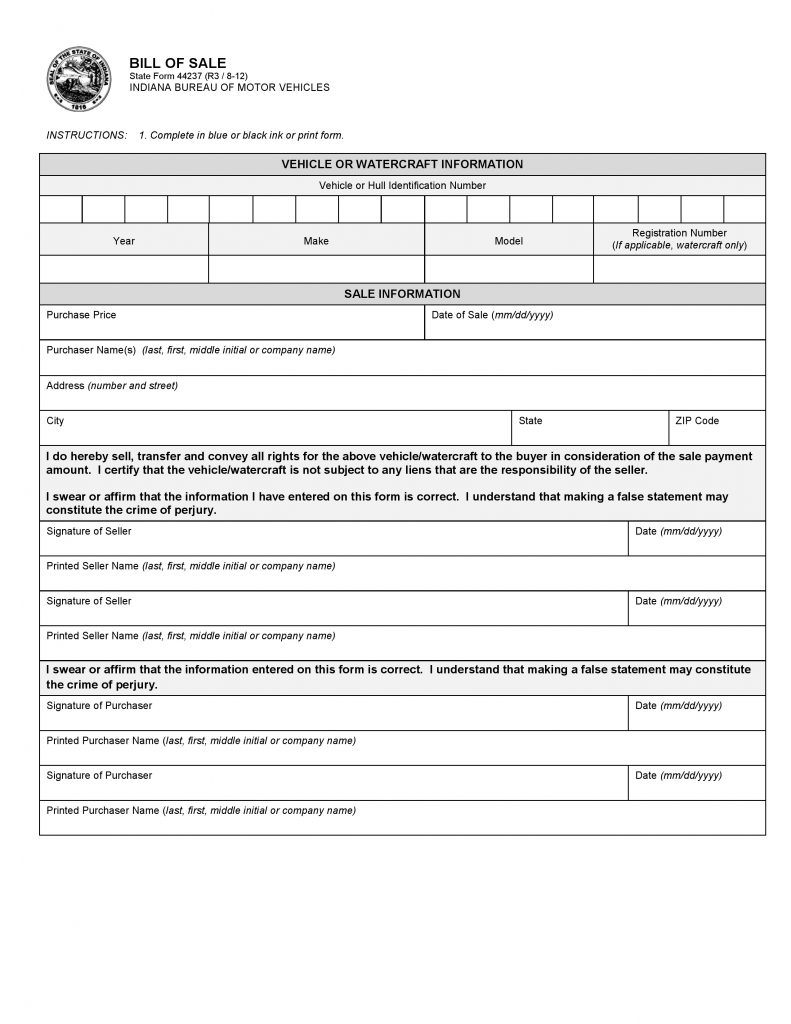 Free Indiana Motor Vehicle Bill Of Sale Pdf Word Do It Yourself Forms