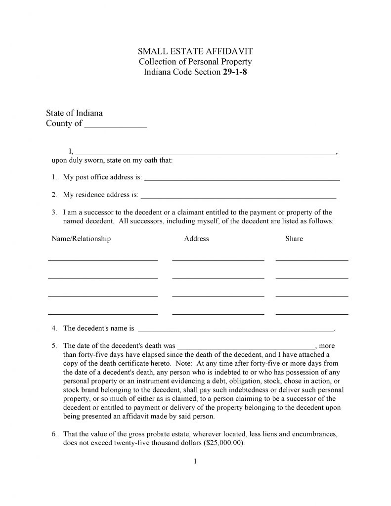 Indiana Small Estate Affidavit Form