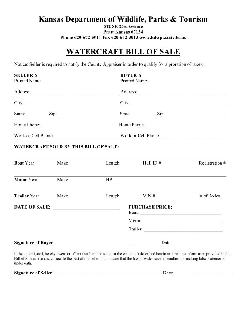 Kansas Watercraft or Boat Bill of Sale Form