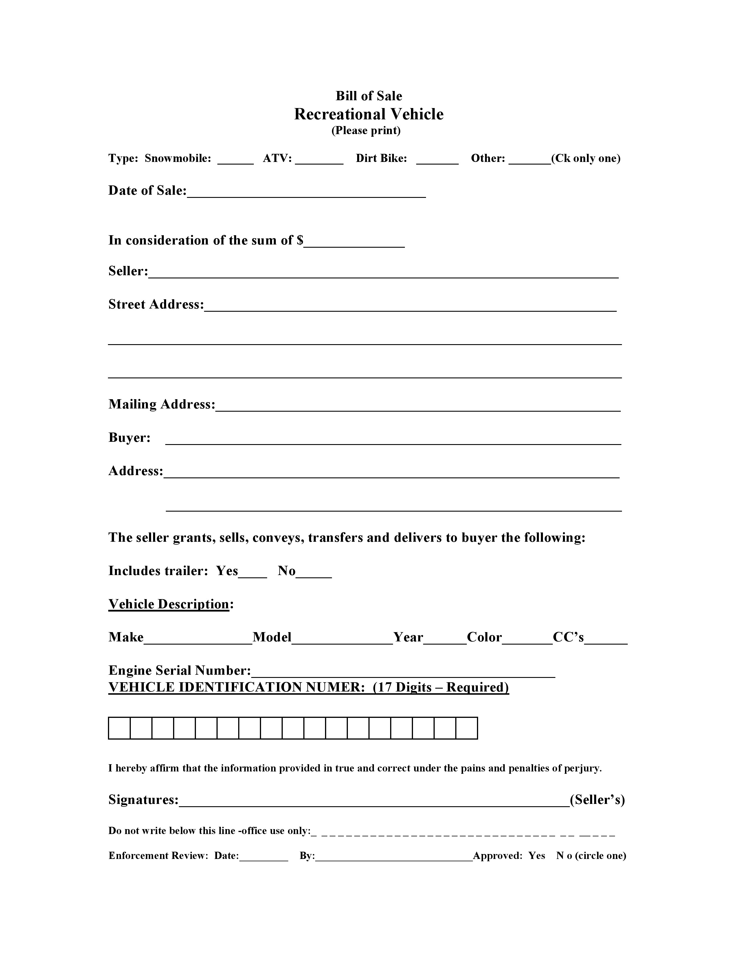 free massachusetts recreational vessel vehicle bill of sale form pdf