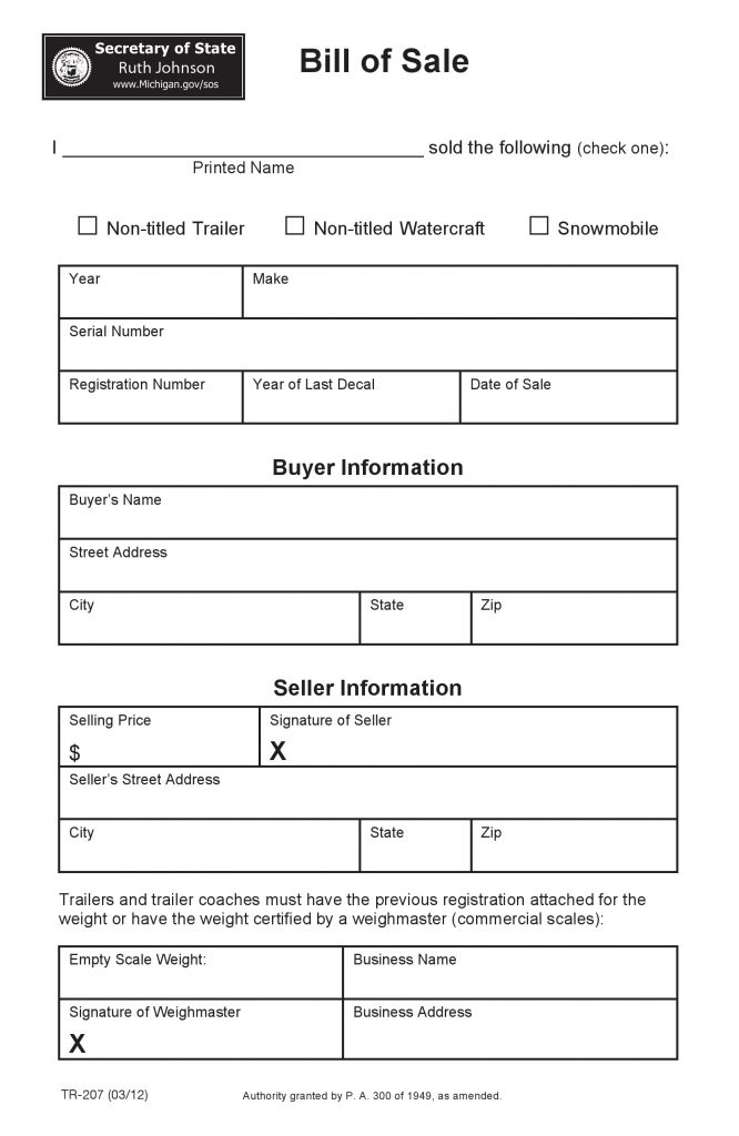 Michigan Bill of Sale Form