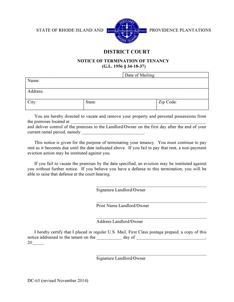 Rhode Island Notice of Termination of Tenancy