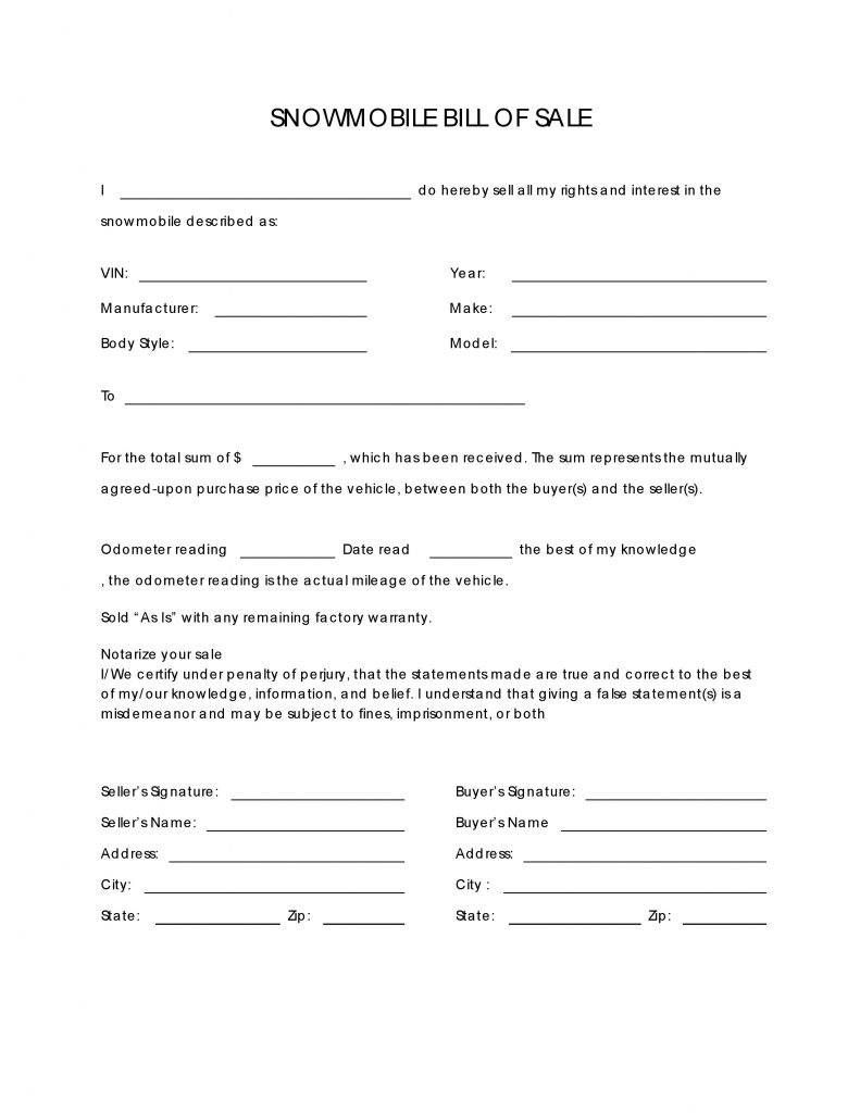 free snowmobile bill of sale form pdf word do it
