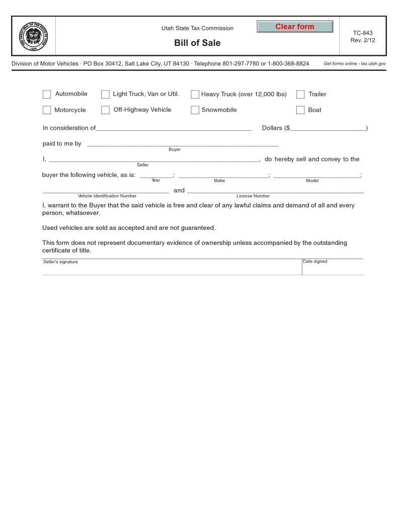 Free Utah Bill Of Sale Tc 843 Pdf Word Do It Yourself Forms