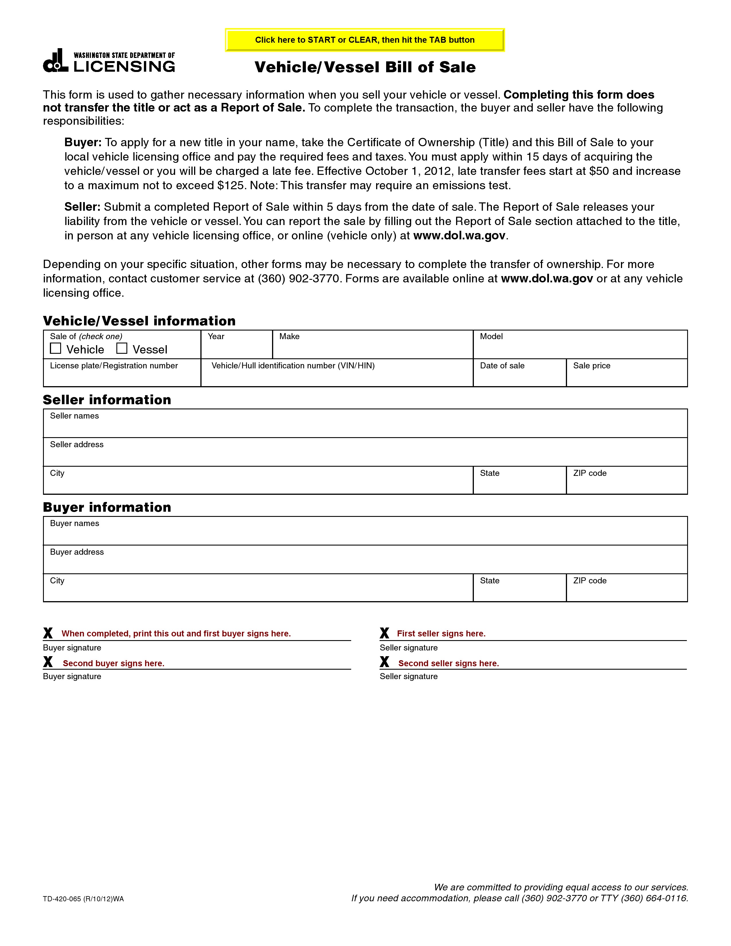 Free Washington Vehicle Vessel Bill Of Sale Pdf Word Do It Yourself Forms